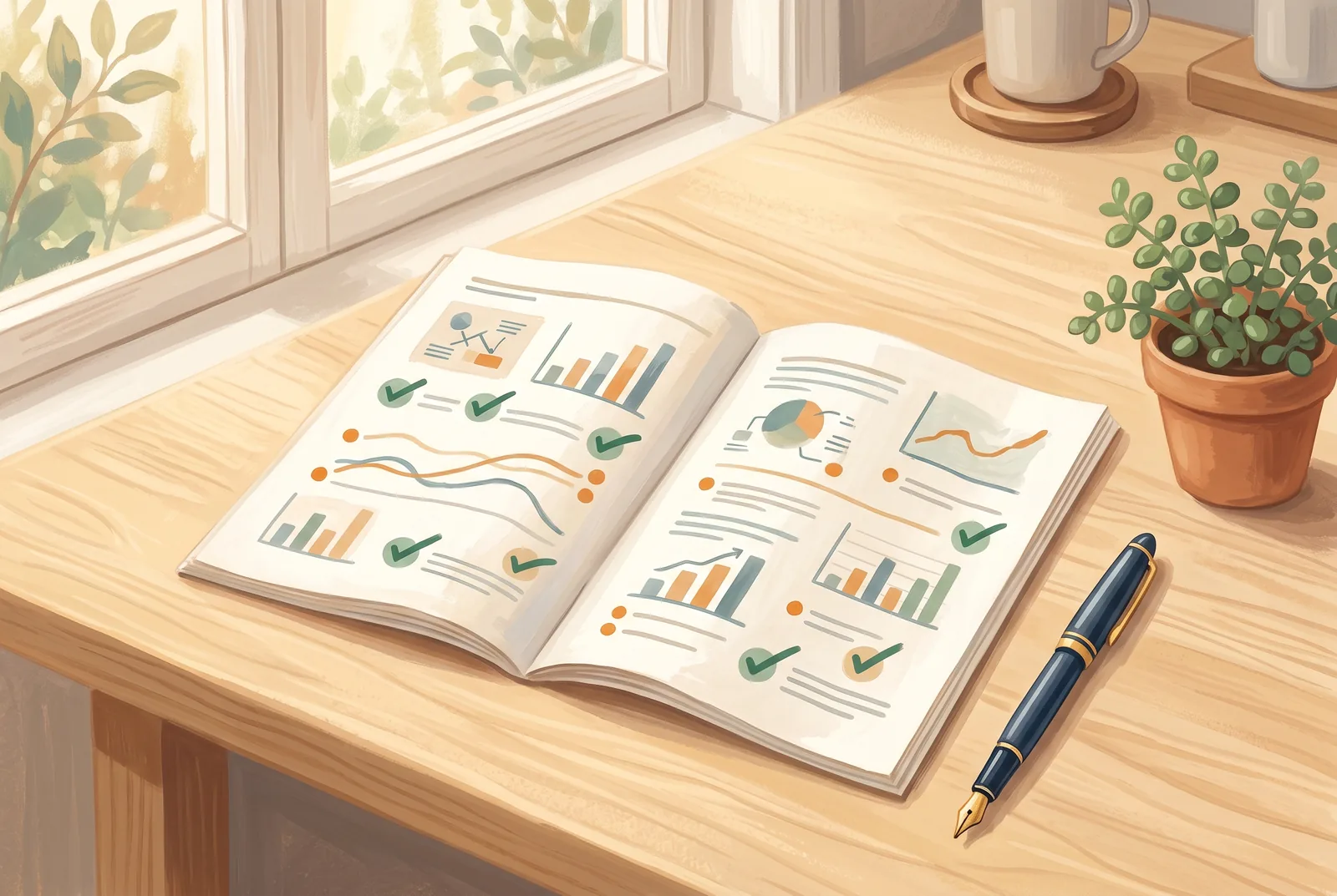 Illustration: Ein aufgeschlagener Bericht mit Diagrammen, grünen Häkchen und orangefarbenen Prioritäts-Markierungen