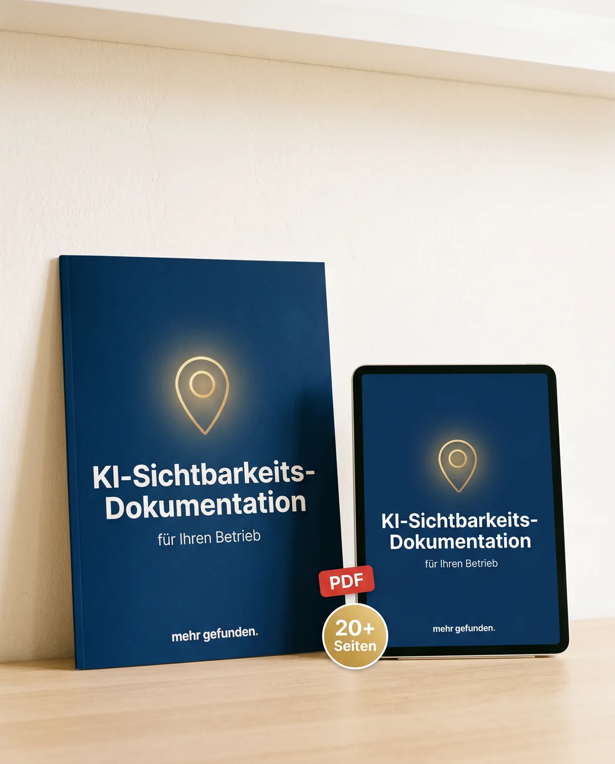 Die KI-Sichtbarkeits-Dokumentation für Ihren Betrieb als gedrucktes Dossier und PDF auf dem Tablet — über 20 Seiten