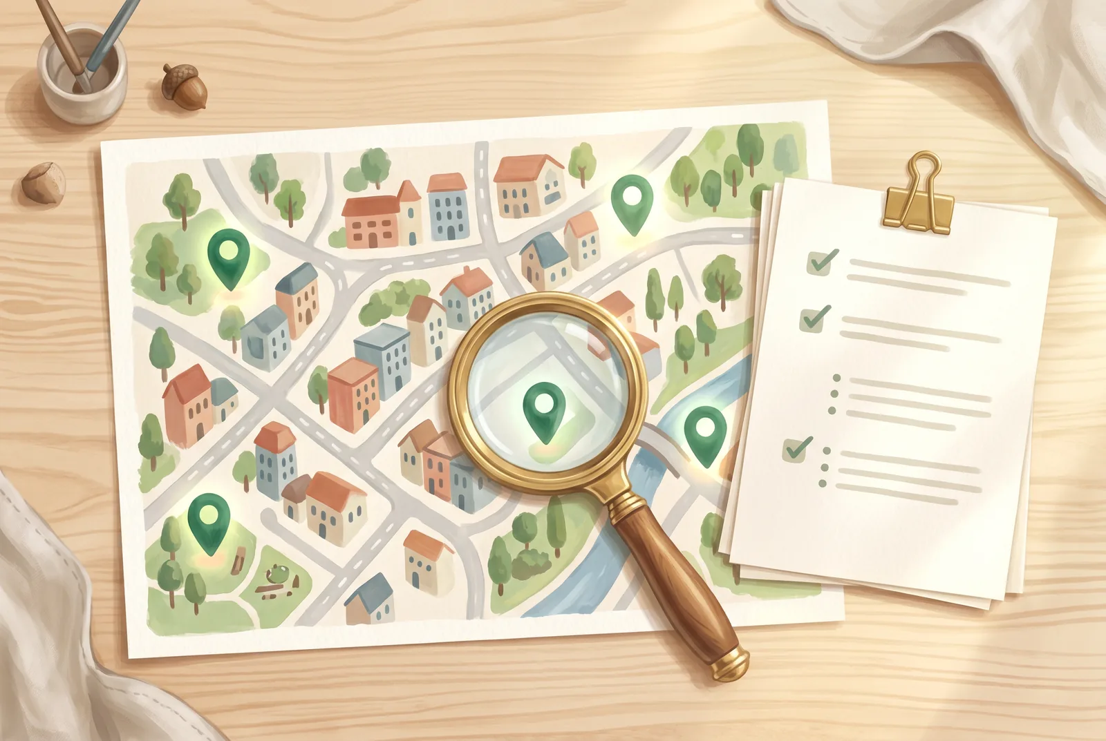 Illustration: Eine Lupe über einer freundlichen Stadtkarte mit leuchtend grünen Ortsmarkierungen, daneben eine Checkliste