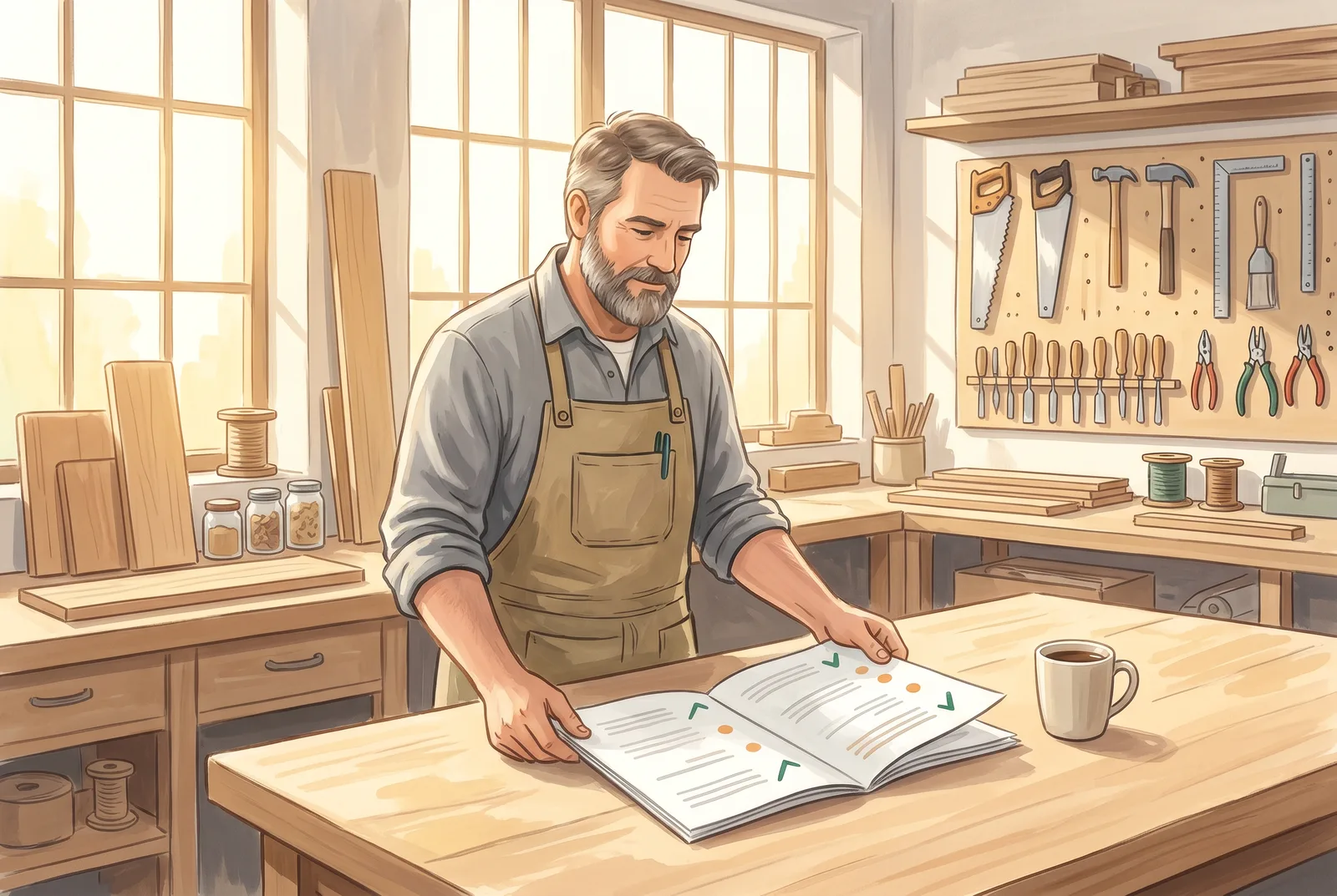 Illustration: Ein Handwerksmeister steht in seiner hellen Werkstatt und studiert den aufgeschlagenen Bericht mit grünen Häkchen und priorisierten Punkten